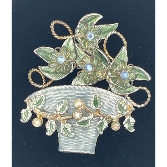 Vintage Brooch Flower Basket Pale Blue Flowers Vines Garland - Picture 7 of 11
